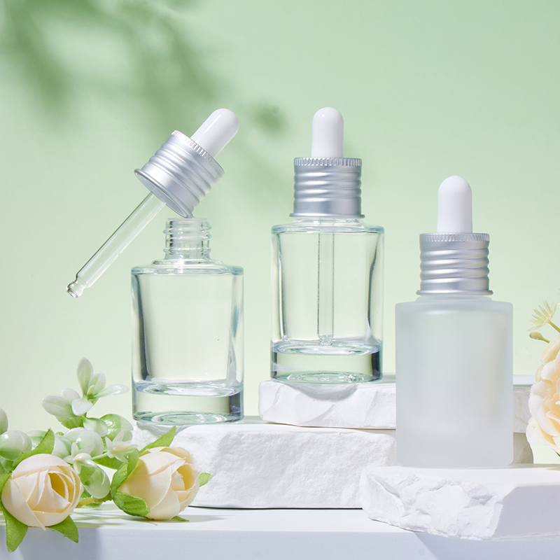 Botol Penitis Kaca 20mm 30ml Lingkaran Perak Frosted dan Lutsinar